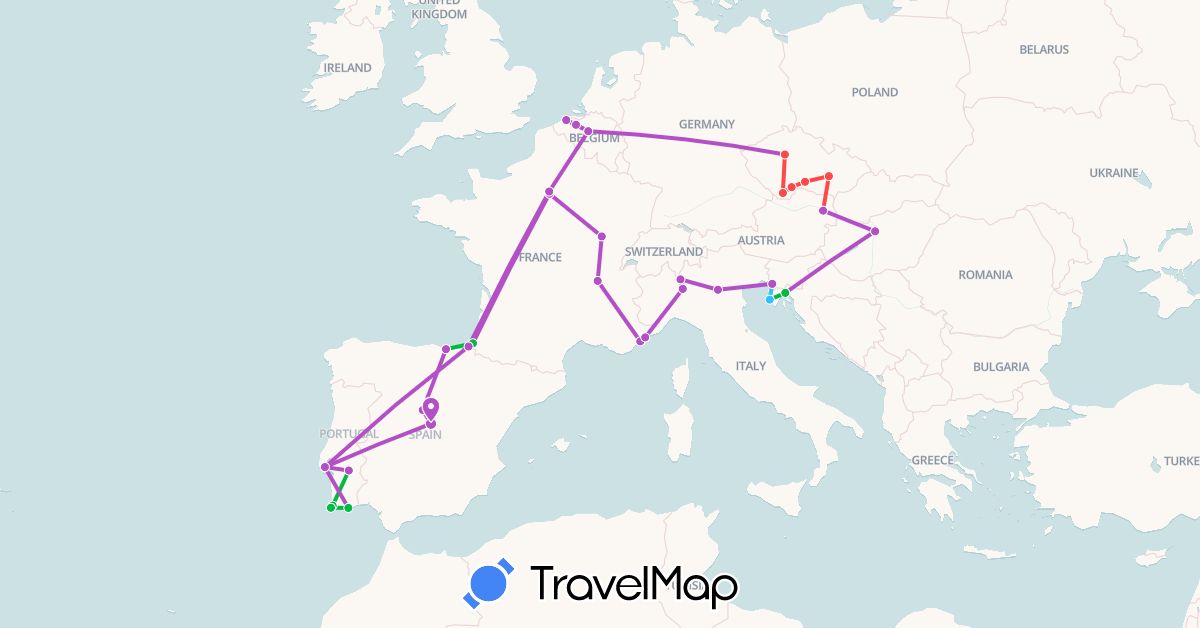 TravelMap itinerary: driving, bus, train, hiking, boat in Austria, Belgium, Czech Republic, Spain, France, Croatia, Hungary, Italy, Portugal (Europe)